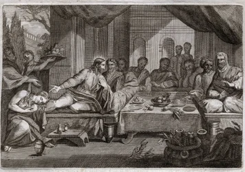 Royaumont Bibeln, Nya testamentet: Middag hos fariséen Simon. Maria Magdalena gick för att gråta vid Jesu Kristi fötter hos farisén Simon och fick förlåtelse för sina synder. Hon smörjer Kristi fötter med salva och torkar dem med håret. Il
