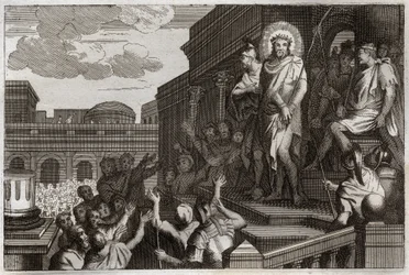 Royaumont Bibeln, Nya testamentet: Ecce homo. Pontius Pilatus (Pontius Pilatus) presenterar Jesus Kristus med törnen för folkmassan och säger: "Här är mannen". Illustration från 1811.