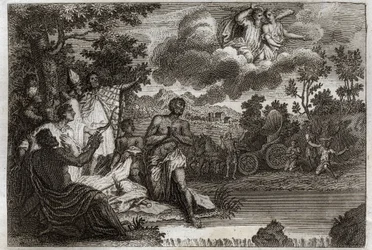 Royaumont Bibeln, Nya testamentet: Eunuk döper. Den helige Filips diakon tillkännager tro till en eunuck av drottningen av Etiopien och döper honom. Illustration från 1811.