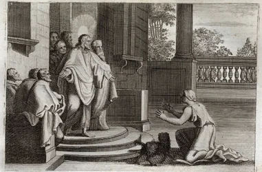Royaumont Bibeln, Nya testamentet: Jesus Kristus och Kanaans hustru (Kananen eller den främmande kvinnan). En bonde ber Herren om hjälp att bota sin dotter. Kristus svarade honom: "Jag var bara sänd till de förlorade fåren av Israels hus." Illustration frå