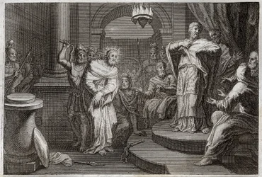 Royaumont Bibeln, Nya testamentet: Jesus Kristus före Caiphus och Anan (Hanan eller Anne eller Hanne). Illustration från 1811.
