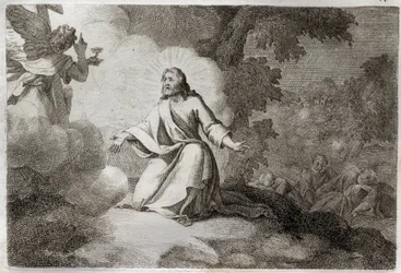 Royaumont Bibeln, Nya testamentet: Jesus Kristus i trädgården (bön på Oljeberget). En ängel som håller i en kalk visar sig för Jesus. Peters, Johannes och Jakobs apoters sover. Illustration från 1811.