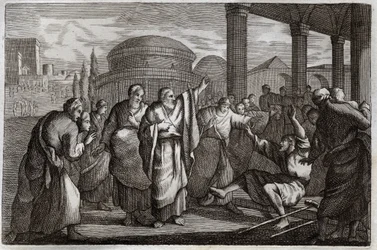 Royaumont Bibeln, Nya testamentet: Lame gueri. Saint Paul krigar en halt och arresterar ett folk som ville offra till honom som en Gud. Illustration från 1811.
