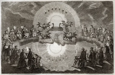 Royaumont Bibeln, Nya testamentet: Öppna himlen. En trone dyker upp omgiven av ett lejon, en oxe, en man och en örn (tetramorf) och sju lampor. Tjugofyra gamla människor som sitter på troner omger denna vision. Illustration från 1811.