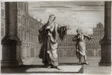 Royaumont Bibeln, Nya testamentet: Liknelse om fariséen och publikanen, som gick för att be i templet. Illustration från 1811.