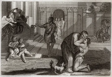 Royaumont Bibeln, Nya testamentet: liknelsen om det förlorade barnet. Sonen återvänder hem efter att han lämnat och förlorat alla sina ägodelar. Han kommer för att be sin far om förlåtelse. Illustration från 1811.