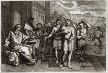Royaumont Bibeln, Nya testamentet: Liknelse om vinarbetare eller liknelse om arbetare i elfte timmen. Arbetare som familjens fader skickar för att arbeta i sin vingård. Illustration från 1811.