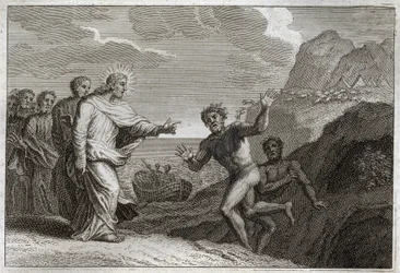 Royaumont Bibeln, Nya testamentet: Possede gueri. Jesus Kristus helade en besatt som demonen gjorde rasande. Illustration från 1811.