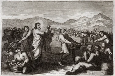 Royaumont Bibeln, Nya testamentet: Förökning av bröd. Jesus Kristus förökar fem bröd och matar fem tusen män. Illustration från 1811.