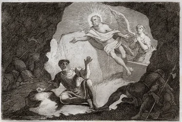 Royaumont Bibeln, Nya testamentet: Uppståndelse. Jesus Kristus reser sig från sin grav under vördnad för de romerska soldaterna som hade somnat. Illustration från 1811 (gravyr)