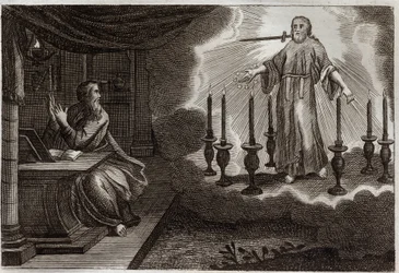 Royaumont Bibeln, Nya testamentet: Johannes uppenbarelser i uppenbarelseboken. Jesus Kristus visar sig i Johannes Johannes mellan sju gyllene ljusstakar, med sju stjärnor i hans högra hand och ett svärd som kommer ut ur hans mun. Illustration från 1811.