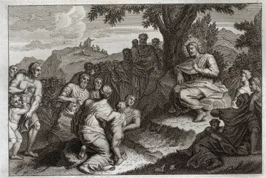 Royaumont Bibeln, Nya testamentet: Predikan på berget. Jesus Kristus väljer ut tolv Apoters av sina lärjungar och gör inför dem och inför ett stort folk predikan, som brukar kallas Bergspredikan. Illustration från 1811.