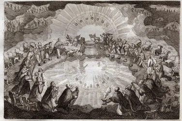 Royaumont Bibeln, Nya testamentet: Sju sigill av boken öppnad av Lammet. De tjugofyra äldste böjer sig framför tronen omgivna av ett lejon, en oxe, en man och en örn (tetramorf) och sju lampor. Illustration från 1811.
