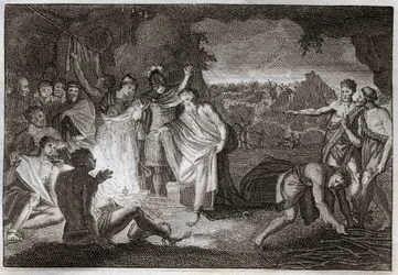 Royaumont Bibeln, Nya testamentet: St Pauls förlisning. Han har blivit biten med en huggorm utan någon skada. Illustration från 1811.