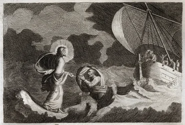 Royaumont Bibeln, Nya testamentet: St Peter går på vattnet. Jesus Kristus går på havet och får Sankt Peter att gå dit. Illustration från 1811.