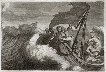 Royaumont Bibeln, Nya testamentet: Tempete lugnade. Apoters är överraskade av en storm väckte Jesus Kristus som sov i deras skepp, och han lugnar också ner Galileiska sjön. Illustration från 1811.