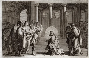 Royaumont Bibeln, Nya testamentet: Den äktenskapliga kvinnan. Jesus Kristus lurar sig själv från de fällor som judarna lade över honom, och frågar honom vad man ska göra av en kvinna som grips i äktenskapsbrott, och säger: "Låt den av dig som är utan synd 