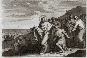 Royaumont Bibeln, Nya testamentet: Lepreux och Centenier. En lepreu ber Jesus Kristus att bota honom med hans spetälska, och en cententer skickar honom att be för att bota hans sjuka tjänare. Illustration från 1811.