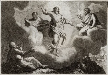 Royaumont Bibeln, Nya testamentet: Jesu Kristi förvandling. Kristus omger Mose och Elia med nedan aposteln Sankt Johannes, Petrus och Jakob. Illustration från 1811.