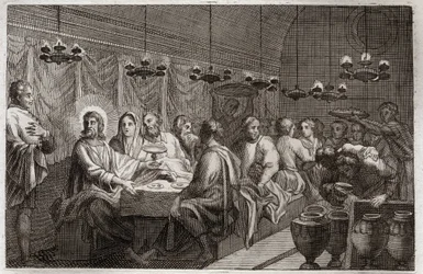 Royaumont Bibeln, Nya testamentet: Bröllopet i Kana. Jesu Kristi första mirakel som förvandlade vatten till vin. Illustration från 1811.