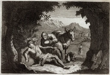 Royaumont Bibeln, Nya testamentet: Liknelsen om den barmhärtige samariten. Samariten stannade på väg för att rädda den nödställda mannen. Illustration från 1811.