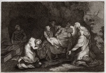 Royaumont Bibeln, Nya testamentet: Grav. Jesu Kristi grav. Bland karaktärerna som omger Jesu Kristi kropp: Jungfru Maria, Saint Nikodema, Saint Joseph of Arimathia, Saint John the Evangelist och Saint Mary Magdalena. Illustration från 18