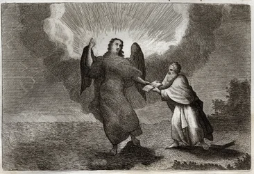 Royaumont Bibeln, Nya testamentet: Vision av Sankt Johannes. Vision of the Angel med en öppen bok ger Saint John att sluka honom. Illustration från 1811.