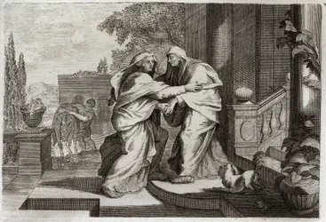 Royaumont Bibeln, Nya testamentet: Besök. Jungfru Maria besöker sin kusin Elisabeth. Illustration från 1811.