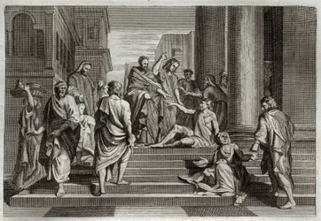 Royaumont Bibeln, Nya testamentet: De lamas krig. Sankt Peter, tillsammans med Johannes, krigade mirakulöst mot en halt man i Jerusalem. Illustration från 1811.