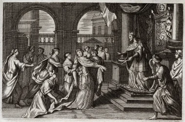 Royaumont Bibeln, Gamla testamentet: Ester kommer att presentera sig inför kung Xerxes I (Assuerus I), i avsikt att rädda sitt folk från döden som hotade honom. Illustration från 1811.