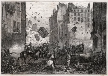 Rue Saint-Antoine under Trois-Glorieuses (juli 1830) - Revolutionen av 1830 års barrikadstrider på Rue Saint-Antoine (Saint Antoine) 1830