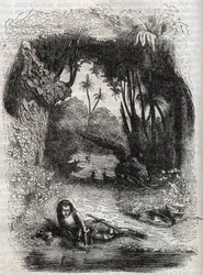 Ruggiero på ön Alcina, - 1851 gravyr från dikten Orlando furioso (1516) av Ludovico Ariosto, - Upplaga översatt från italienska av greven av Tressan och publicerad av Gustave Harvard 1851