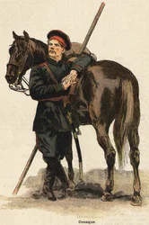 Rysk kosackdräkt. 1800-talsgravyr. Bianchetti samling.