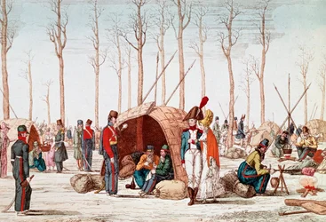 Ryska soldater bivackar på Champs-Elysees, Paris, Frankrike, 31 mars 1814 (gravyr)