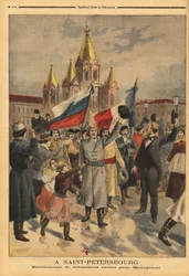 Ryska volontärer i Sankt Petersburg för den franska expeditionen från Madagaskar. Gravyr i "" Le petit journal"" 1895-04-28. Selvas samling.