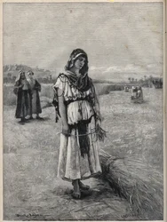 Rut arbetar på Boaz (Booz) fält (Ruth och Boaz) - gravyr från målningen av Druch-hajos