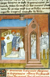 Karl den stores (742 - 814) vigning (kröning) år 800 genom påve Leo III - illumination ur ett medeltida manuskript (ref. 512, 089v). Begär tillstånd från Toulouses stadsbibliotek (tel.: 05 62 27 66 66)