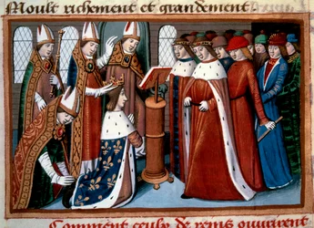 Smörjelsen av kung Karl VII (1422-1461) genom ärkebiskopen av Reims den 17/07/1429. Miniatyr hämtad ur ”Kung Karl VII:s vigilier” av Martial d