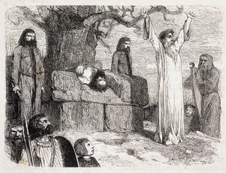 Människooffer av druider - i "Ancient and Modern Brittany"" av Pitre-Chevalier (Pitre Chevalier), redigerad av W. Coquebert