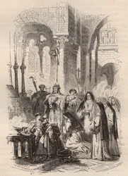 Segling av Saint Cunegonde av Luxemburg (ca 975-1033/1039) år 1024, överlämnad av eveque av Paderborn Meinwerk (ca. 975-1036) i Benediktinerklostret Kaufungen i Tyskland. Gravyr från 1868 i "Histoire de Belgique från primitiv tid till
