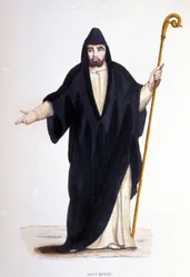 Sankt Benedikt av Nursia (född i Murcia (Murcia) i Umbrien omkring 480 - 527). Gravyr från ett album på religiösa beställningar, Paris