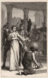 Saint Blandina - Saint Blandine (martyr 177) vägrar att offra till idoler - gravyr i "The Illustrious Women Of France" av Oscar Havard - 1886