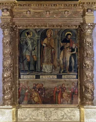 Saint Clair eller Saint Roch Altar: St Roch och pestens knapp och Saint George i stil med Henrik III - Our Lady of the Assumption of Rognes Church