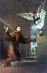 Den helige Franciskus av Assisi (1181 eller 1182 - 1226) inför en ängel. 1800-talets kromolitografi.