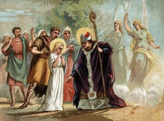 Saint Germain gav en medalj till Sainte Genevieve (422-502), skyddshelgon för Paris. kromolitografi omkring 1890.