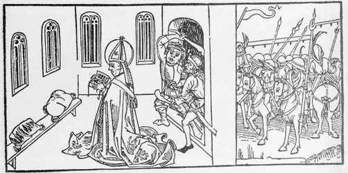 Sankt Lambert. Gravyr från "De heligas liv - sommardelen" (Sagonets bok) av Jacobus (James) från Voragine (1228-1298). Lübeck 1488.