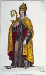 Saint Louis av Toulouse eller Saint Louis av Anjou. Lille brorson av Saint Louis (1274 till 1297), biskop av Toulouse. gravyr från 1830