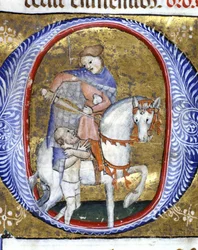 Sankt Martin delar sin mantel med en fattig. Miniatyr från 1300-talet. Biblioteca Nazionale Braidense, Milano.