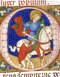 Sankt Martin delar sin mantel med en fattig. Miniatyr från 1400-talet. Biblioteca Nazionale Braidense.