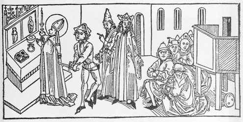 Sankt Matteus. Gravyr ur "De heligas liv - sommardelen" (Helgonets bok) av Jacobus (James) från Voragine (1228-1298). Lübeck 1488.